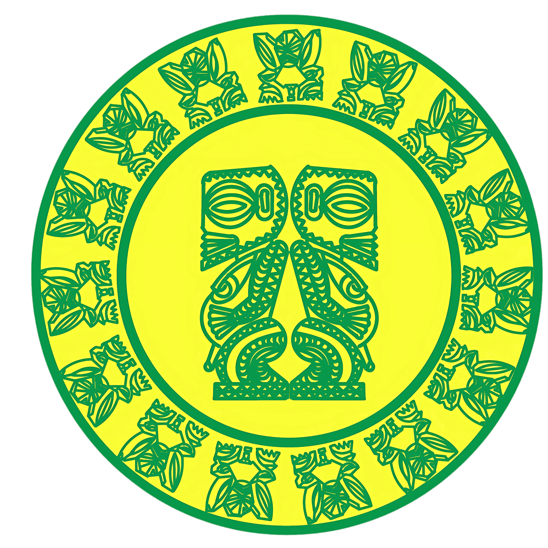 Circular design featuring symmetrical green tribal patterns on a yellow background with a green border.